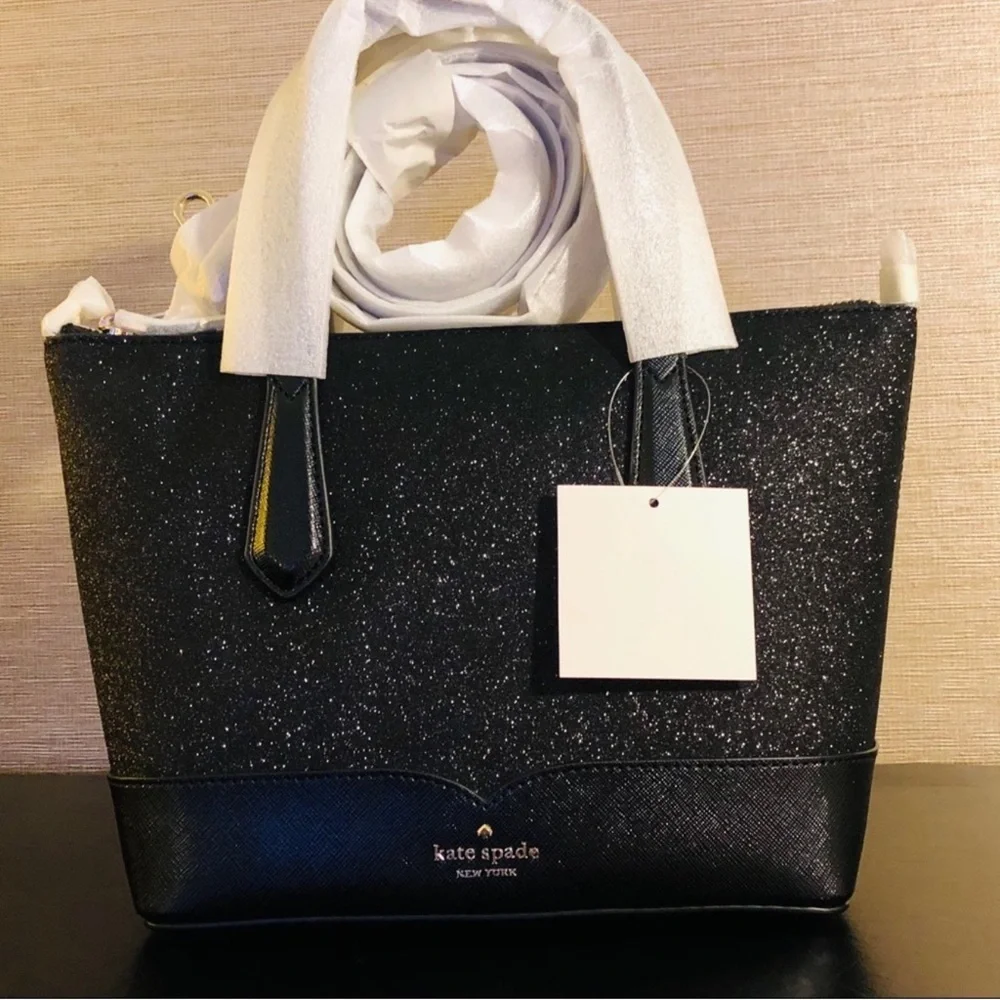 Kate Spade New York Black Glitter Satchel Tote with Crossbody Strap NWT